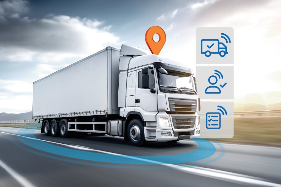LKW med markerings-pin og forskellige telematik-symboler